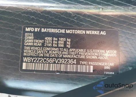 2015 BMW I8 z USA, uszkodzony, nr VIN WBY2Z2C56FV392364